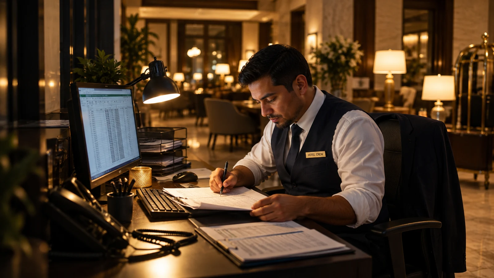 Auditor nocturno de hotel revisando el cierre del día