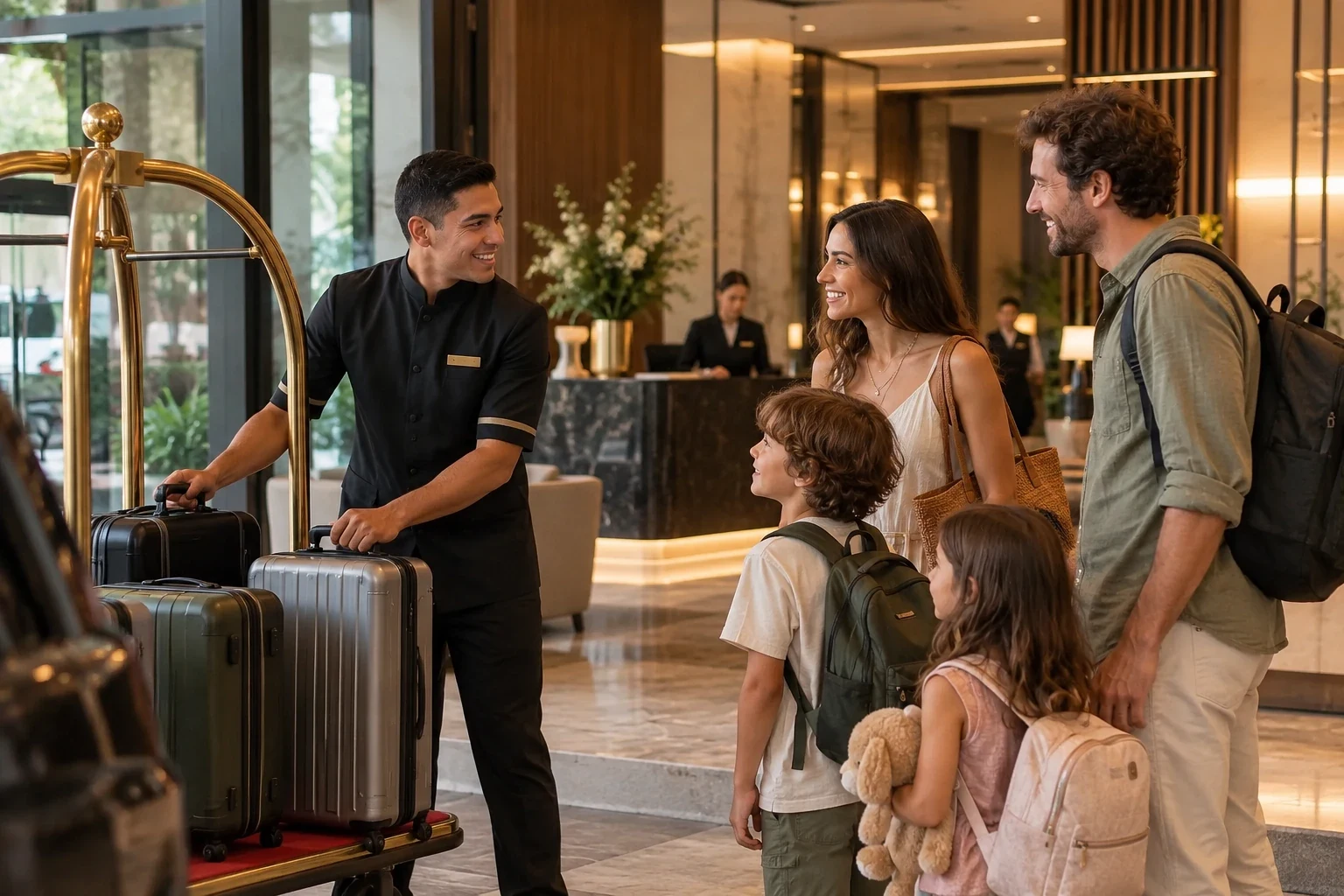 Botones de Hotel Crew con el carrito de equipaje recibiendo a una familia en el lobby