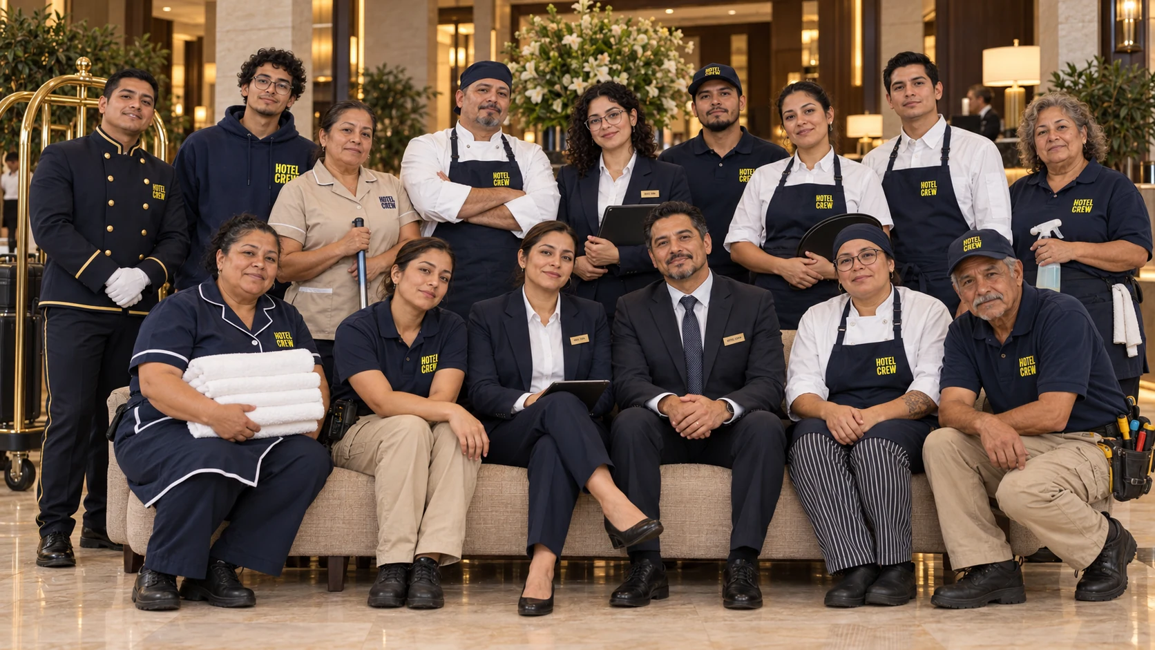 Equipo de Hotel Crew con uniformes de camarería, cocina, recepción y mantenimiento en un lobby