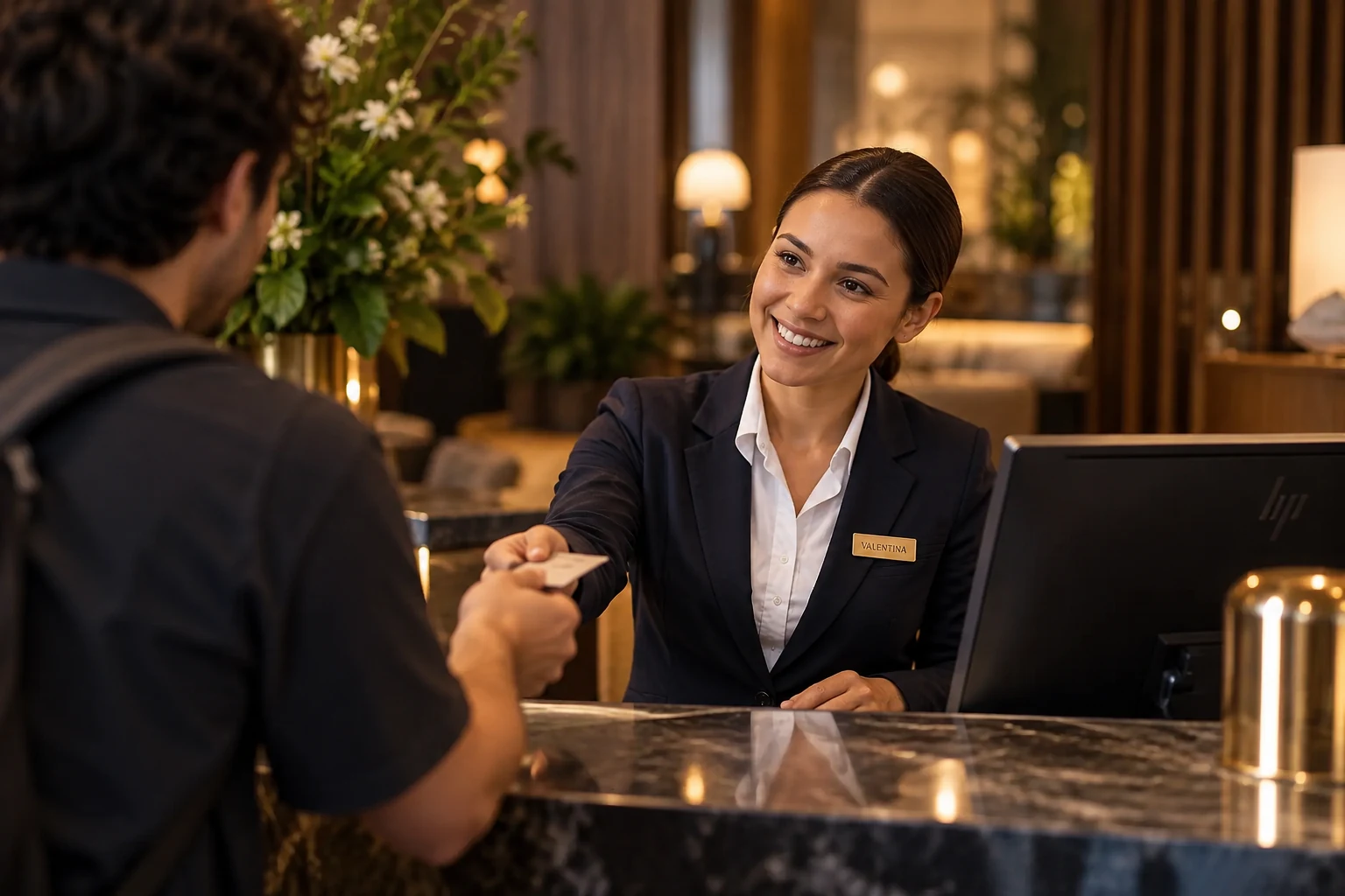 Recepcionista de hotel formada por Hotel Crew entregando la llave a un huésped